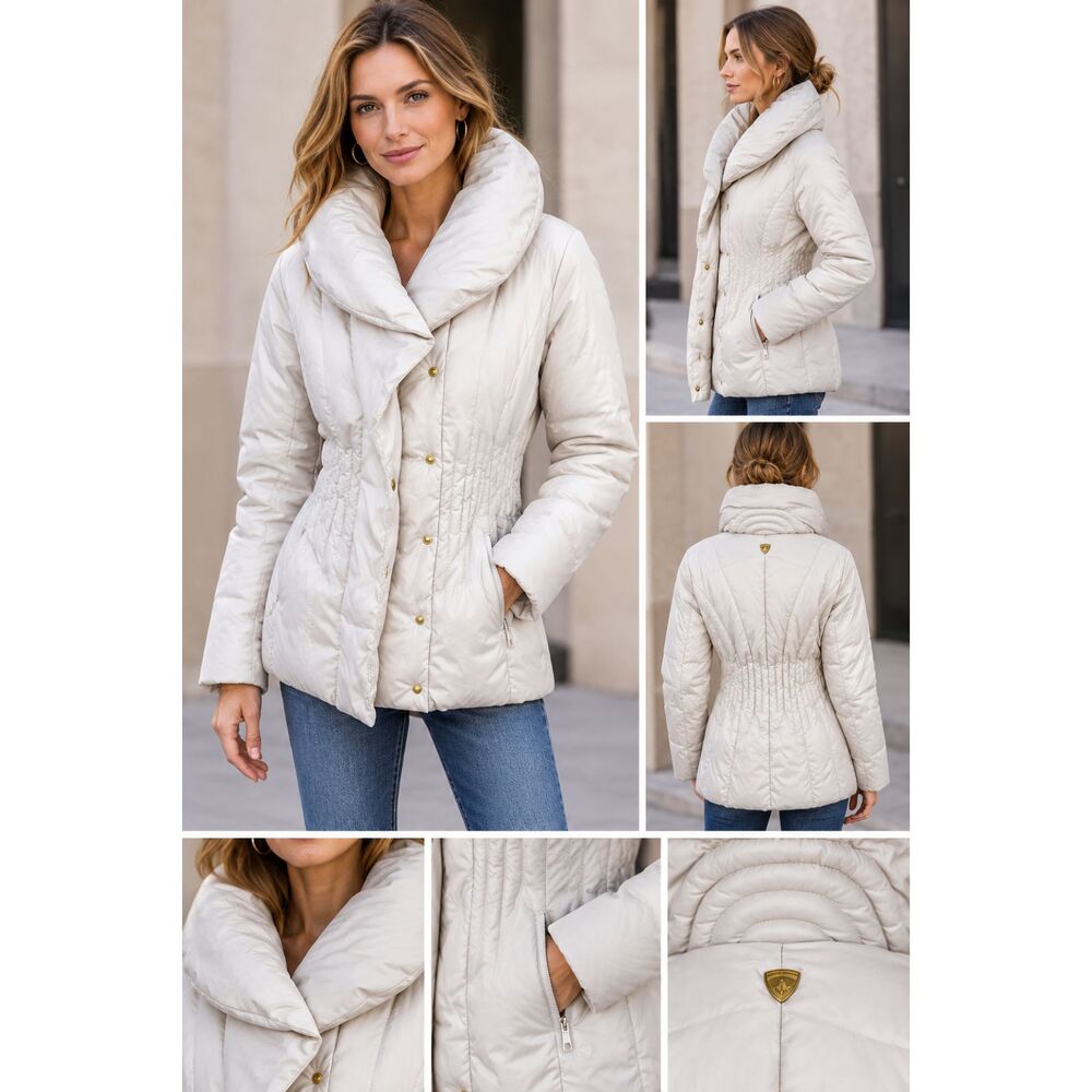 Steve Madden Beige Puffer Jacket Medium Shawl Collar Heavy Winter Coat